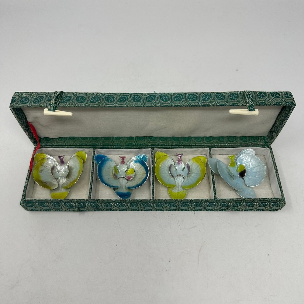 Vintage Enamel Orchid Multicolor Magnet Set 4pc Green Geometric Print Box